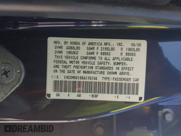 2006 Honda Accord VP with VIN 1HGCM56196A174104, listed as a IAAI auction lot 42632878 with 345,625 mi miles and . Bid and sale history available at DreamBid. Image 9.