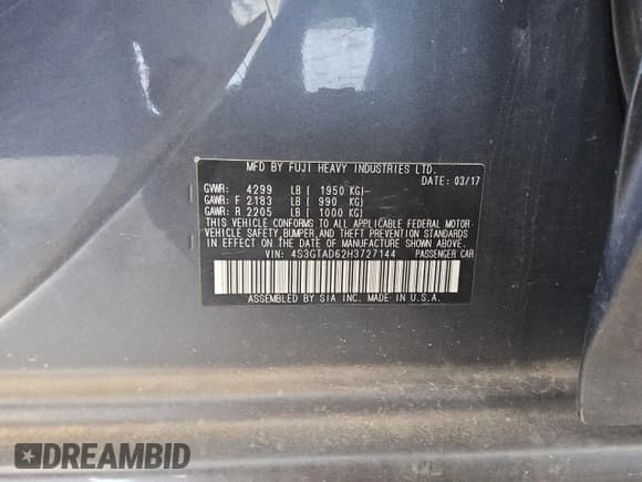 ✅ 2017 Subaru Impreza Premium • VIN: 4S3GTAD62H3727144 • Lot: 84441855. Listed on Copart with 116,389 mi. Free auction sales archive from the USA and detailed vehicle history report at DreamBid. Image 12.