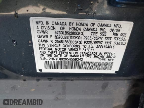 ✅ 2005 Acura MDX • VIN: 2HNYD18265H559343 • Lot: 43439268. Listed on IAAI with Not provided. Free auction sales archive from the USA and detailed vehicle history report at DreamBid. Image 9.