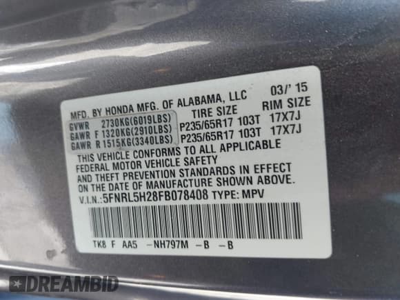 ✅ 2015 Honda Odyssey LX • VIN: 5FNRL5H28FB078408 • Lot: 43405203. Listed on IAAI with 170,009 mi. Free auction sales archive from the USA and detailed vehicle history report at DreamBid. Image 9.