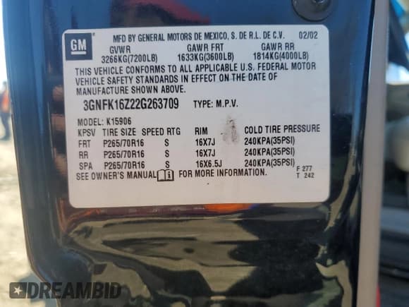 ✅ 2002 Chevrolet Suburban LT • VIN: 3GNFK16Z22G263709 • Лот: 50585025. Опубликован ранее на Copart с пробегом Не указан. Бесплатный доступ к архиву аукционных продаж из США и подробный отчёт об истории автомобиля на DreamBid. Изображение 13.