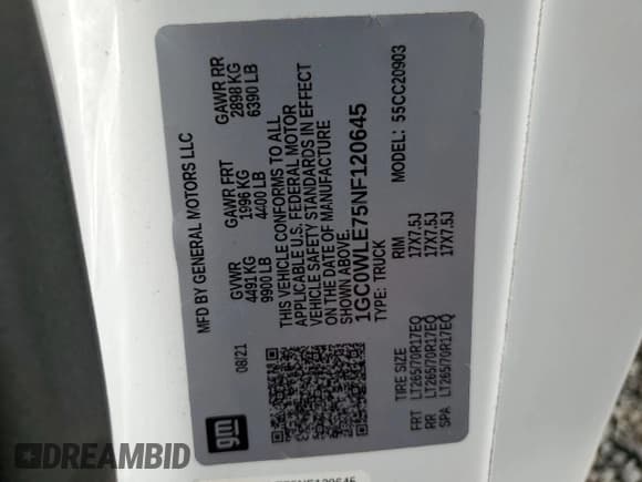 ✅ 2022 Chevrolet Silverado 2500HD Work Truck • VIN: 1GC0WLE75NF120645 • Lot: 68695054. Listed on Copart with 103,785 mi. Free auction sales archive from the USA and detailed vehicle history report at DreamBid. Image 13.