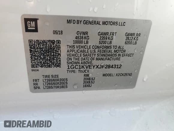 ✅ 2018 Chevrolet Silverado 2500HD LT • VIN: 1GC1KVEYXJF284312 • Lot: 80534805. Listed on Copart with 114,996 mi. Free auction sales archive from the USA and detailed vehicle history report at DreamBid. Image 13.