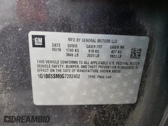 ✅ 2016 Chevrolet Cruze LT • VIN: 1G1BE5SM0G7282402 • Lot: 50072953. Listed on Copart with Not provided. Free auction sales archive from the USA and detailed vehicle history report at DreamBid. Image 12.