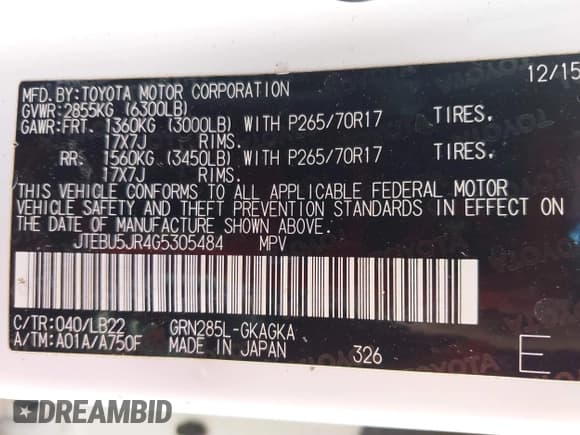 ✅ 2016 Toyota 4Runner Limited • VIN: JTEBU5JR4G5305484 • Lot: 42680109. Listed on IAAI with 152,128 mi. Free auction sales archive from the USA and detailed vehicle history report at DreamBid. Image 9.