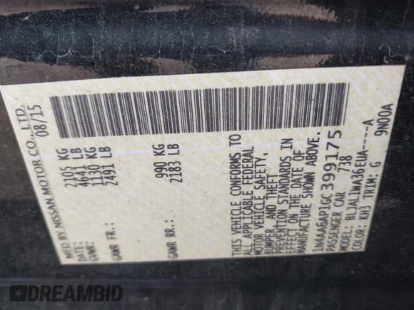 ✅ 2016 Nissan Maxima S • VIN: 1N4AA6AP1GC399175 • Lot: 42246684. Listed on IAAI with 101,132 mi. Free auction sales archive from the USA and detailed vehicle history report at DreamBid. Image 9.