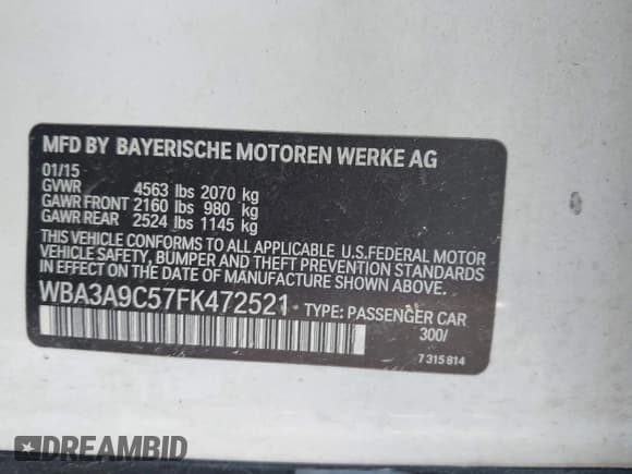 ✅ 2015 BMW 3 Series 335i • VIN: WBA3A9C57FK472521 • Lot: 42672174. Listed on IAAI with Not provided. Free auction sales archive from the USA and detailed vehicle history report at DreamBid. Image 9.