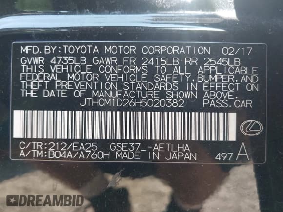 ✅ 2017 Lexus IS 300 • VIN: JTHCM1D26H5020382 • Lot: 42936690. Listed on IAAI with 101,395 mi. Free auction sales archive from the USA and detailed vehicle history report at DreamBid. Image 9.