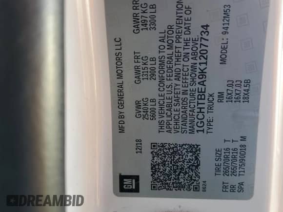 2019 Chevrolet Colorado 4WD Work Truck с VIN 1GCHTBEA9K1207734, выставлен на аукционе Copart как лот 81830955 с пробегом 139 111 миль миль и Списание • Salvage title. История ставок и продаж доступна на DreamBid. Изображение 12.