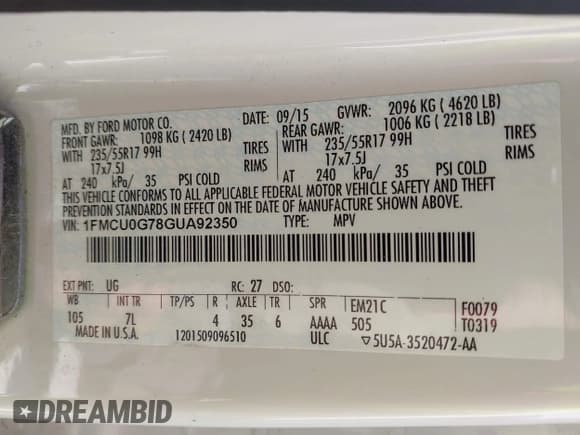 ✅ 2016 Ford Escape SE • VIN: 1FMCU0G78GUA92350 • Лот: 43265882. Опубликован ранее на IAAI с пробегом 157 664 миль. Бесплатный доступ к архиву аукционных продаж из США и подробный отчёт об истории автомобиля на DreamBid. Изображение 9.