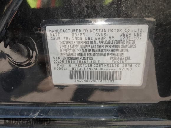 ✅ 2023 Nissan Versa S • VIN: 3N1CN8DV4PL831133 • Lot: 42136974. Listed on IAAI with 50,460 mi. Free auction sales archive from the USA and detailed vehicle history report at DreamBid. Image 9.