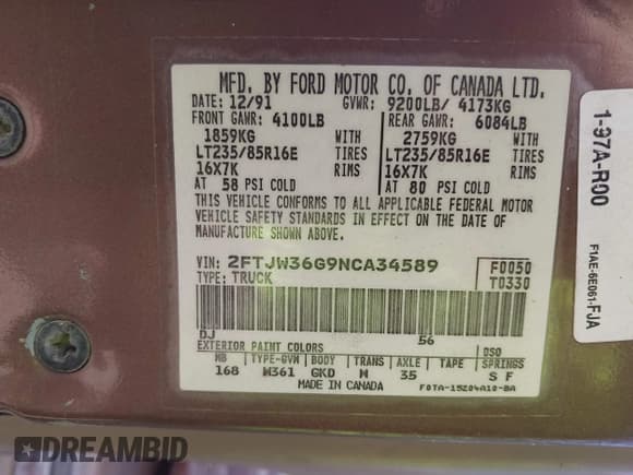 ✅ 1992 Ford F-350 • VIN: 2FTJW36G9NCA34589 • Lot: 42961200. Listed on IAAI with Not provided. Free auction sales archive from the USA and detailed vehicle history report at DreamBid. Image 9.