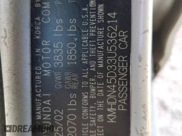 2003 Hyundai Elantra GLS z VIN KMHDN45D33U536214, wystawiony jako Copart lot #81979704 z przebiegiem 157 515 mil mil oraz Szkoda całkowita • Salvage title. Historia ofert i sprzedaży dostępna na DreamBid. Obrazek 13.