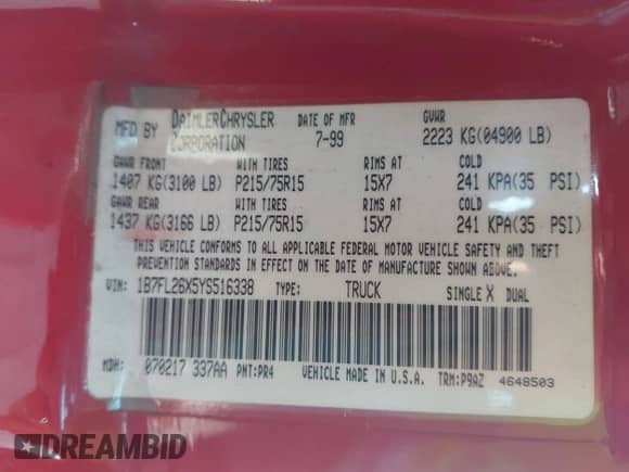 2000 Dodge Dakota with VIN 1B7FL26X5YS516338, listed as a IAAI auction lot 41609489 with 216,058 mi miles and . Bid and sale history available at DreamBid. Image 9.