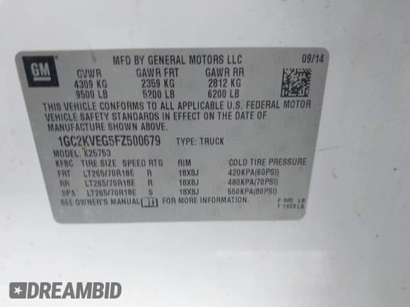 ✅ 2015 Chevrolet Silverado 2500HD LT • VIN: 1GC2KVEG5FZ500679 • Lot: 43524430. Listed on IAAI with 102,475 mi. Free auction sales archive from the USA and detailed vehicle history report at DreamBid. Image 9.