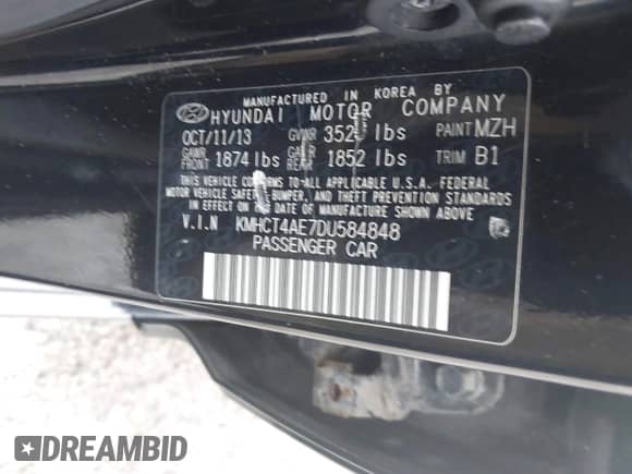 2013 Hyundai Accent GLS with VIN KMHCT4AE7DU584848, listed as a IAAI auction lot 43406831 with 110,390 mi miles and . Bid and sale history available at DreamBid. Image 9.