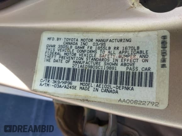 ✅ 1995 Toyota Corolla DX • VIN: 2T1AE09B0SC119881 • Лот: 43627422. Опубликован ранее на IAAI с пробегом 244 981 миль. Бесплатный доступ к архиву аукционных продаж из США и подробный отчёт об истории автомобиля на DreamBid. Изображение 9.