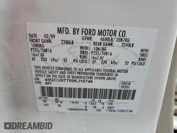 2009 Mercury Mariner Premier with VIN 4M2CU97759KJ15746, listed as a Copart auction lot 83802964 with 180,342 mi miles and Salvage title. Bid and sale history available at DreamBid. Image 13.