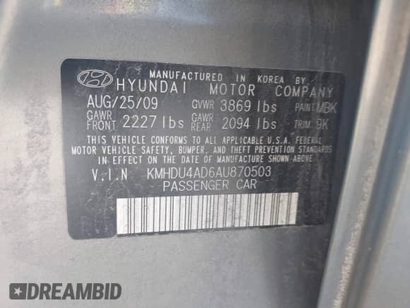 2010 Hyundai Elantra SE with VIN KMHDU4AD6AU870503, listed as a IAAI auction lot 43245088 with 207,474 mi miles and . Bid and sale history available at DreamBid. Image 9.