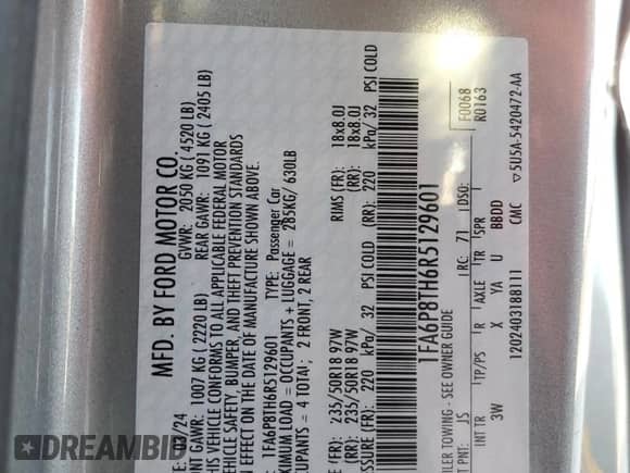 2024 Ford Mustang EcoBoost Premium с VIN 1FA6P8TH6R5129601, выставлен на аукционе Copart как лот 90647085 с пробегом 38 176 миль миль и На запчасти • Non repairable. История ставок и продаж доступна на DreamBid. Изображение 12.