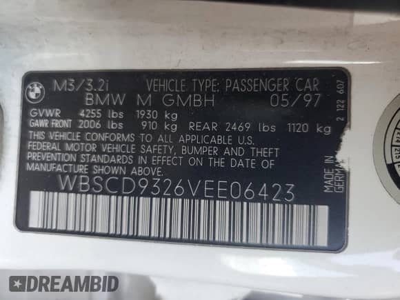1997 BMW 3 Series M3s z VIN WBSCD9326VEE06423, wystawiony jako Copart lot #54953975 z przebiegiem 193 185 mil mil oraz Szkoda całkowita • Salvage title. Historia ofert i sprzedaży dostępna na DreamBid. Obrazek 12.
