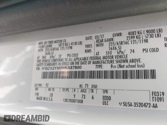 ✅ 2017 Ford Transit XL • VIN: 1FBZX2YM0HKA87800 • Лот: 43189872. Опубликован ранее на IAAI с пробегом 163 984 миль. Бесплатный доступ к архиву аукционных продаж из США и подробный отчёт об истории автомобиля на DreamBid. Изображение 9.