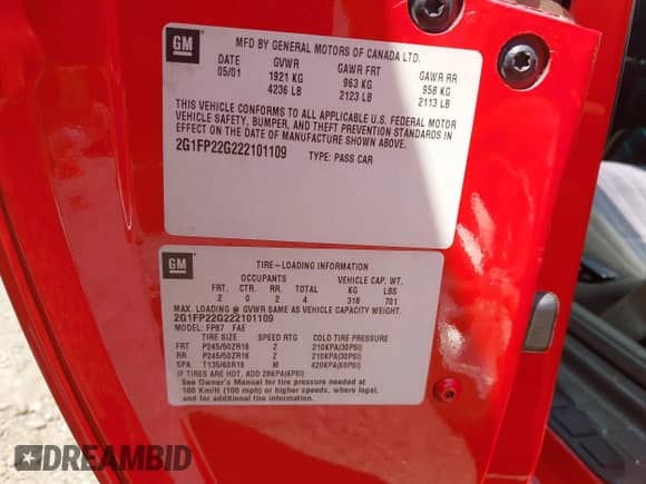 2002 Chevrolet Camaro Z28 z VIN 2G1FP22G222101109, wystawiony jako IAAI lot #39531558 z przebiegiem 100 136 mil mil oraz . Historia ofert i sprzedaży dostępna na DreamBid. Obrazek 9.