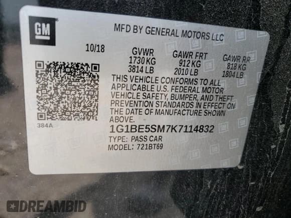 ✅ 2019 Chevrolet Cruze LT • VIN: 1G1BE5SM7K7114832 • Lot: 51842363. Listed on Copart with Not provided. Free auction sales archive from the USA and detailed vehicle history report at DreamBid. Image 12.