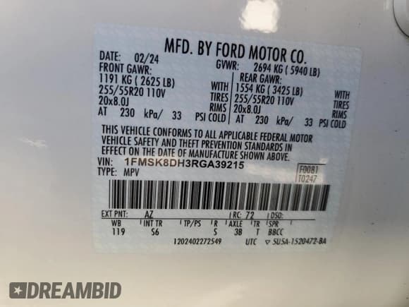 ✅ 2024 Ford Explorer XLT • VIN: 1FMSK8DH3RGA39215 • Lot: 89668015. Wystawiony na Copart z przebiegiem 14 115 mil. Bezpłatny archiwum sprzedaży aukcyjnych z USA i szczegółowy raport historii pojazdu na DreamBid. Zdjęcie 14.