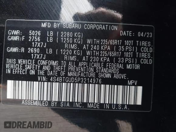 ✅ 2023 Subaru Outback Wilderness • VIN: 4S4BTGUD5P3214976 • Lot: 41909713. Listed on IAAI with 25,022 mi. Free auction sales archive from the USA and detailed vehicle history report at DreamBid. Image 9.