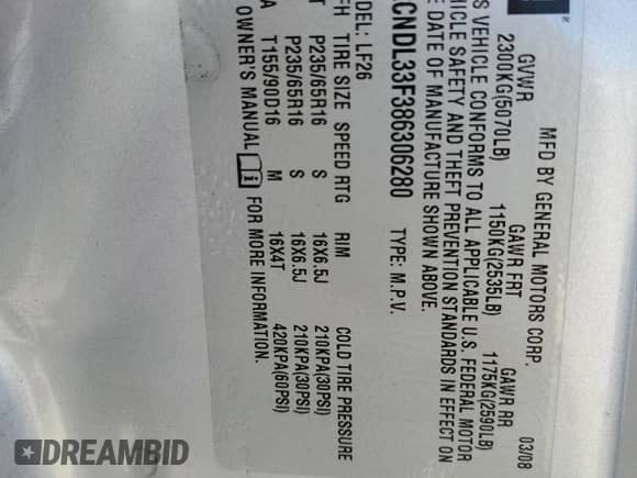 2008 Chevrolet Equinox LT с VIN 2CNDL33F386306280, выставлен на аукционе Copart как лот 78712874 с пробегом 130 328 миль миль и Списание • Salvage title. История ставок и продаж доступна на DreamBid. Изображение 12.