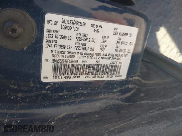 ✅ 2002 Dodge Durango • VIN: 1B4HS58Z42F186409 • Lot: 42935962. Listed on IAAI with Not provided. Free auction sales archive from the USA and detailed vehicle history report at DreamBid. Image 9.