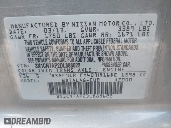 ✅ 2013 Nissan Versa SV • VIN: 3N1CN7AP2DL888622 • Lot: 43165398. Listed on IAAI with 112,065 mi. Free auction sales archive from the USA and detailed vehicle history report at DreamBid. Image 9.