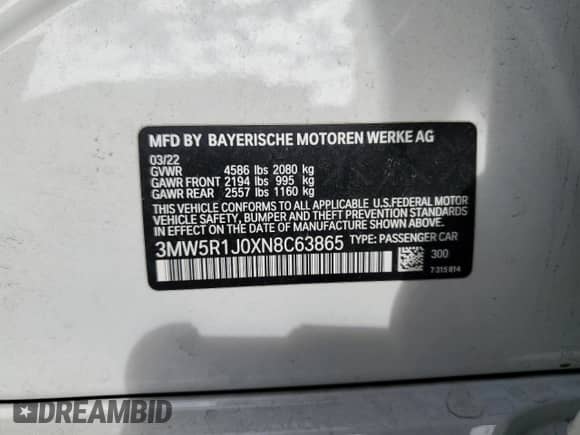 2022 BMW 3 Series 330i z VIN 3MW5R1J0XN8C63865, wystawiony jako Copart lot #84916425 z przebiegiem 36 468 mil mil oraz Szkoda całkowita • Salvage title. Historia ofert i sprzedaży dostępna na DreamBid. Obrazek 12.