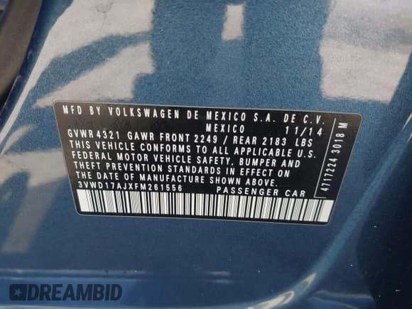 ✅ 2015 Volkswagen Jetta SE • VIN: 3VWD17AJXFM261556 • Lot: 42227068. Listed on IAAI with 135,370 mi. Free auction sales archive from the USA and detailed vehicle history report at DreamBid. Image 9.