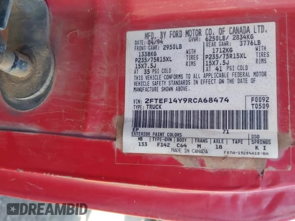 ✅ 1994 Ford F-150 • VIN: 2FTEF14Y9RCA68474 • Лот: 43843721. Опубликован ранее на IAAI с пробегом Не указан. Бесплатный доступ к архиву аукционных продаж из США и подробный отчёт об истории автомобиля на DreamBid. Изображение 9.