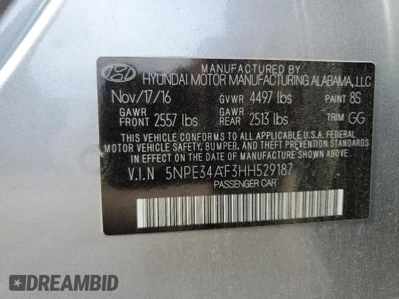 ✅ 2017 Hyundai Sonata Sport • VIN: 5NPE34AF3HH529187 • Lot: 37986773. Listed on Copart with 100,901 mi. Free auction sales archive from the USA and detailed vehicle history report at DreamBid. Image 14.