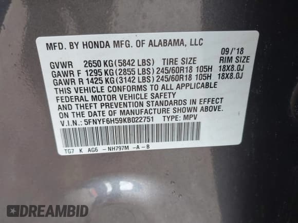 ✅ 2019 Honda Pilot EX-L • VIN: 5FNYF6H59KB022751 • Lot: 43499822. Listed on IAAI with 100,180 mi. Free auction sales archive from the USA and detailed vehicle history report at DreamBid. Image 9.