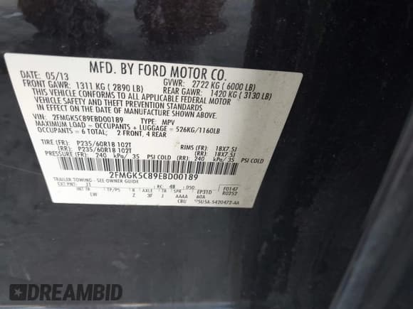 ✅ 2014 Ford Flex SEL • VIN: 2FMGK5C89EBD00189 • Lot: 43403650. Listed on IAAI with 182,372 mi. Free auction sales archive from the USA and detailed vehicle history report at DreamBid. Image 9.