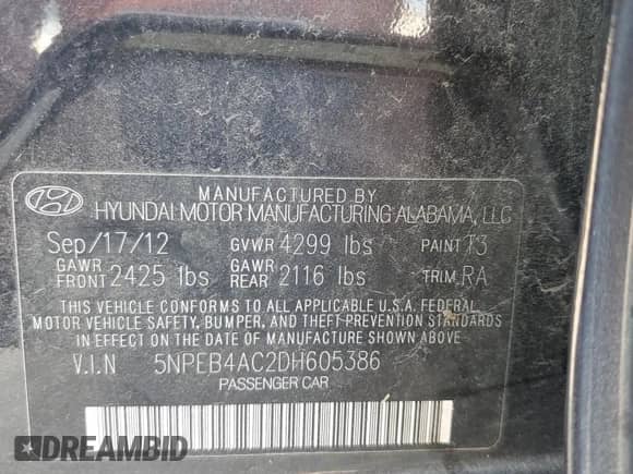 2013 Hyundai Sonata GLS z VIN 5NPEB4AC2DH605386, wystawiony jako Copart lot #82720875 z przebiegiem 162 270 mil mil oraz Czysty tytuł • Clean title. Historia ofert i sprzedaży dostępna na DreamBid. Obrazek 12.