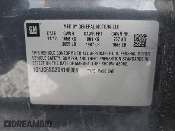2013 Chevrolet Sonic LT with VIN 1G1JC6SG2D4148084, listed as a IAAI auction lot 43459236 with 94,963 mi miles and . Bid and sale history available at DreamBid. Image 9.