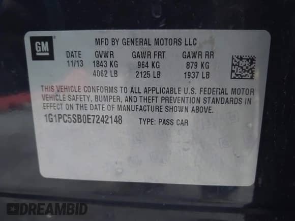 2014 Chevrolet Cruze 1LT with VIN 1G1PC5SB0E7242148, listed as a IAAI auction lot 43401415 with 206,878 mi miles and . Bid and sale history available at DreamBid. Image 9.