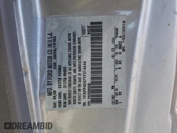 ✅ 2000 Ford Mustang • VIN: 1FAFP4047YF314646 • Lot: 85551775. Listed on Copart with 259,517 mi. Free auction sales archive from the USA and detailed vehicle history report at DreamBid. Image 12.