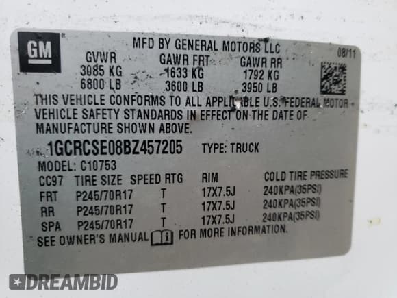 ✅ 2011 Chevrolet Silverado 1500 LT • VIN: 1GCRCSE08BZ457205 • Lot: 61198504. Listed on Copart with Not provided. Free auction sales archive from the USA and detailed vehicle history report at DreamBid. Image 12.