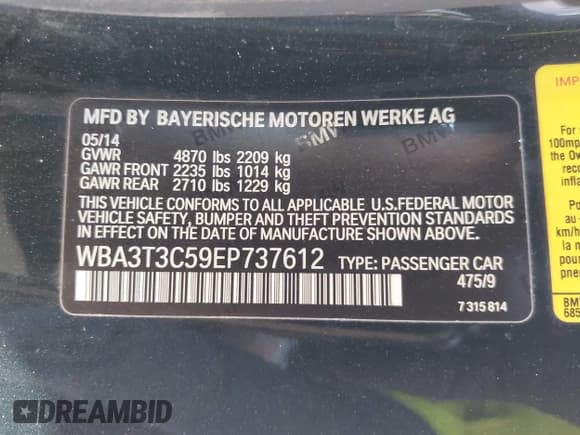 ✅ 2014 BMW 4 Series 435i • VIN: WBA3T3C59EP737612 • Лот: 42260394. Опубликован ранее на IAAI с пробегом 104 877 миль. Бесплатный доступ к архиву аукционных продаж из США и подробный отчёт об истории автомобиля на DreamBid. Изображение 9.