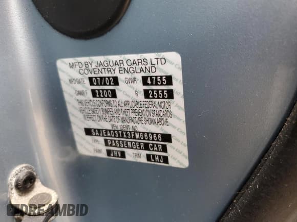 ✅ 2003 Jaguar S-Type • VIN: SAJEA03TX3FM66966 • Lot: 56801795. Listed on Copart with Not provided. Free auction sales archive from the USA and detailed vehicle history report at DreamBid. Image 12.