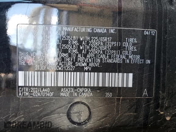 ✅ 2012 Toyota RAV4 Limited • VIN: 2T3DF4DV0CW213527 • Lot: 55662055. Listed on Copart with 91,398 mi. Free auction sales archive from the USA and detailed vehicle history report at DreamBid. Image 13.