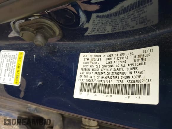 ✅ 2013 Honda Accord LX • VIN: 1HGCR2F38DA227597 • Лот: 43263073. Опубликован ранее на IAAI с пробегом Не указан. Бесплатный доступ к архиву аукционных продаж из США и подробный отчёт об истории автомобиля на DreamBid. Изображение 9.