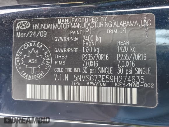 ✅ 2009 Hyundai Santa Fe GL • VIN: 5NMSG73E59H274635 • Lot: 42392425. Listed on Copart with 282,021 mi. Free auction sales archive from the USA and detailed vehicle history report at DreamBid. Image 13.