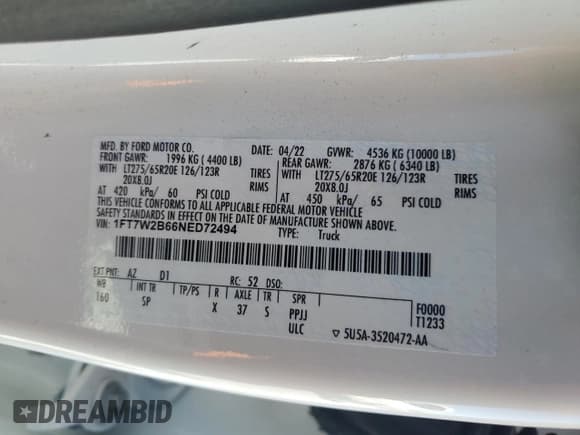 ✅ 2022 Ford F-250 XL • VIN: 1FT7W2B66NED72494 • Лот: 86547115. Опубликован ранее на Copart с пробегом Не указан. Бесплатный доступ к архиву аукционных продаж из США и подробный отчёт об истории автомобиля на DreamBid. Изображение 12.